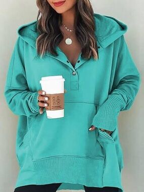 BUCKETLIST Teal Hooded Button Pullover